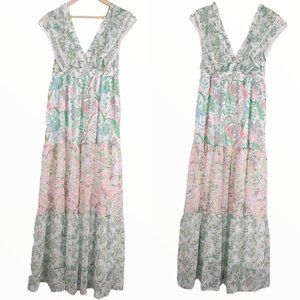 House of Harlow Floral Maxi Dress Womens Large Green Pink Tiered Revolve Size M